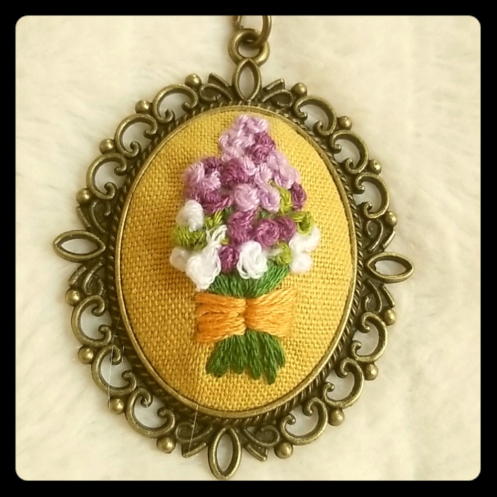 Hand Embroidered Floral Pendant Necklace